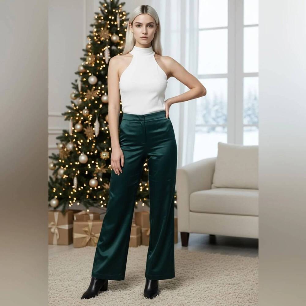 NEW ALEX & SOPHIA chic satin wide-leg pants in deep green